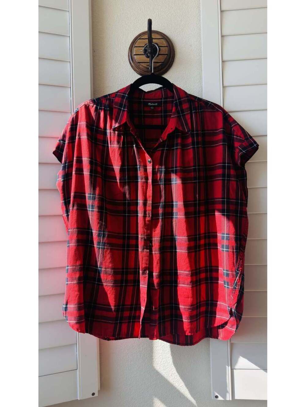 Madewell Red Plaid Cap Sleeve Button-Up Shirt - Size L